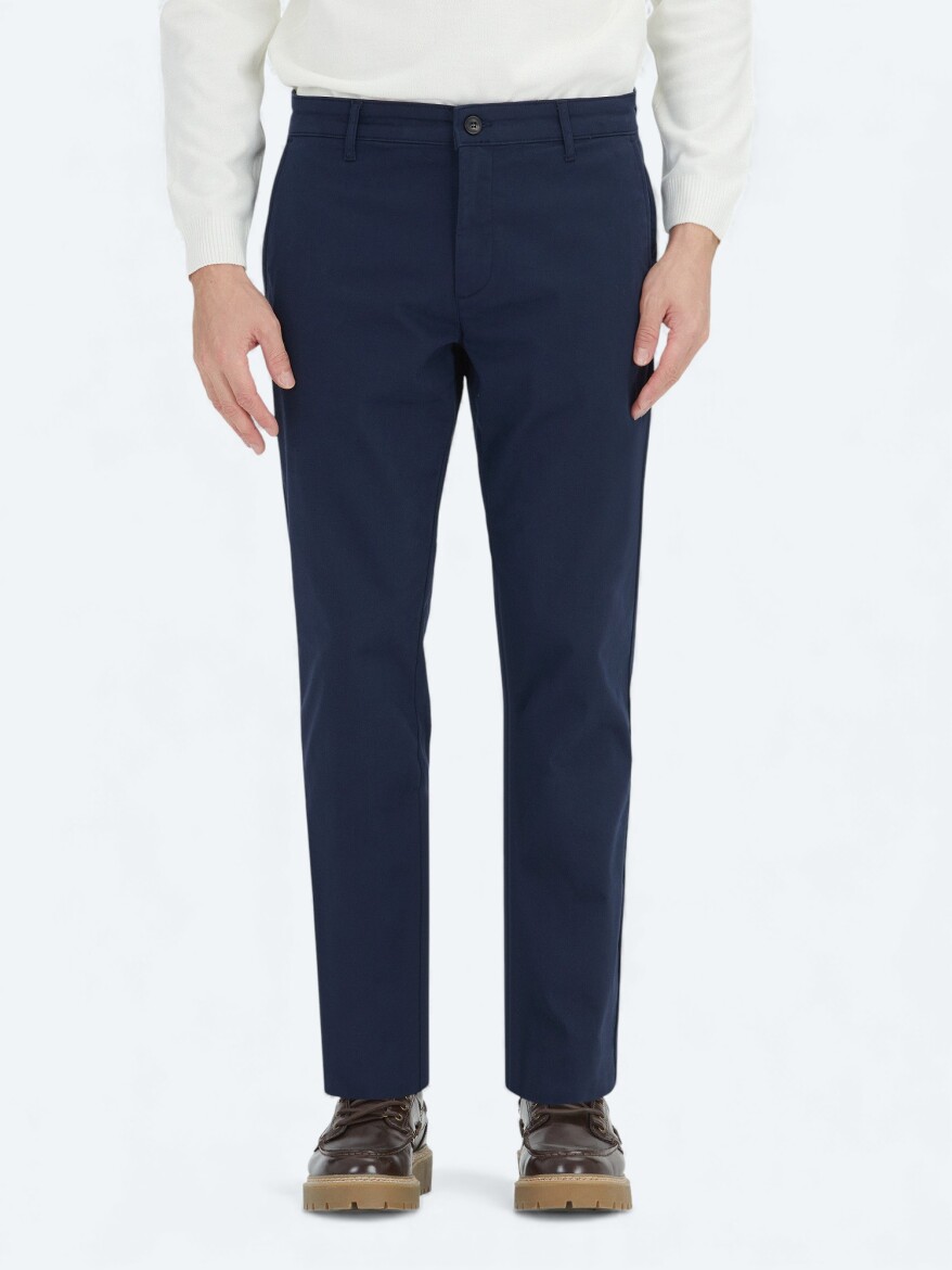 Navy Blue Weaving Regular Fit Casual Cotton Blended Trousers - 2