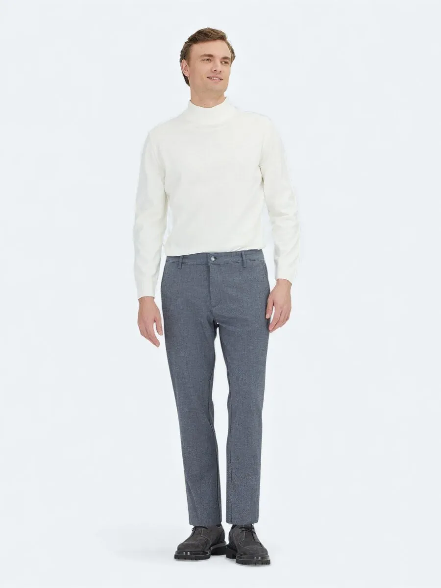 Navy Blue Weaving Regular Fit Casual Cotton Blended Trousers - 1