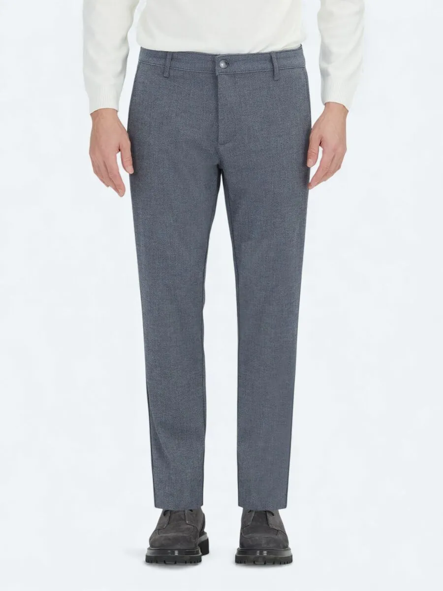 Navy Blue Weaving Regular Fit Casual Cotton Blended Trousers - 2