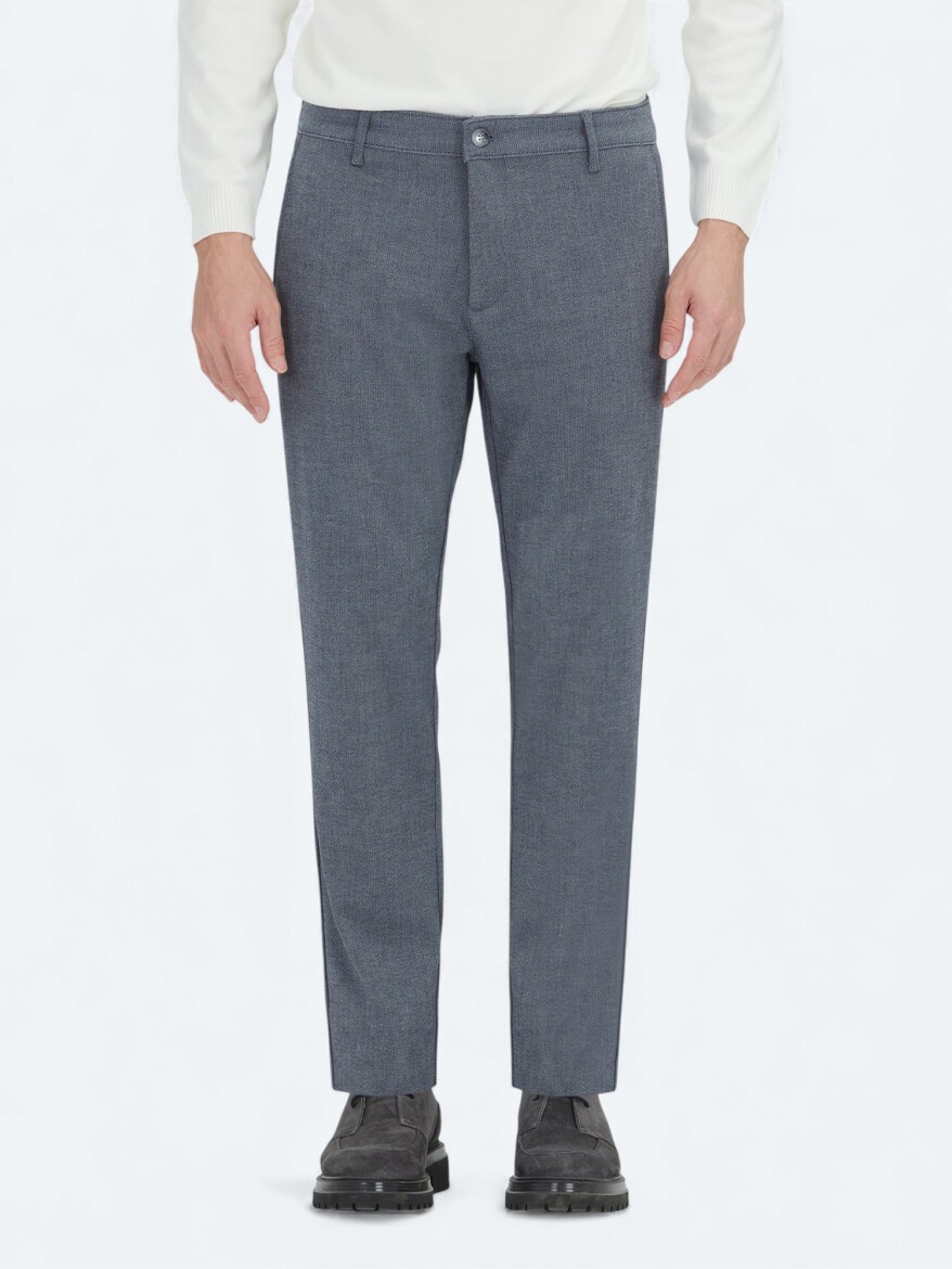 Navy Blue Weaving Regular Fit Casual Cotton Blended Trousers - KİP