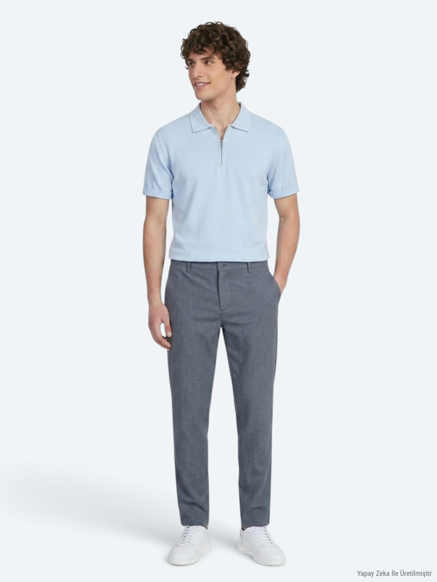 Navy Blue Weaving Regular Fit Casual Cotton Blended Trousers - KİP