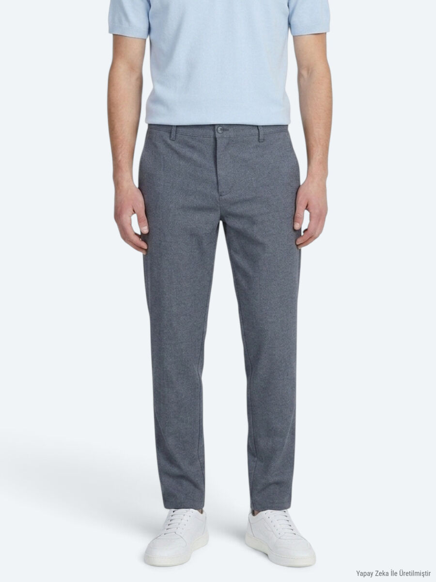 Navy Blue Weaving Regular Fit Casual Cotton Blended Trousers - 2