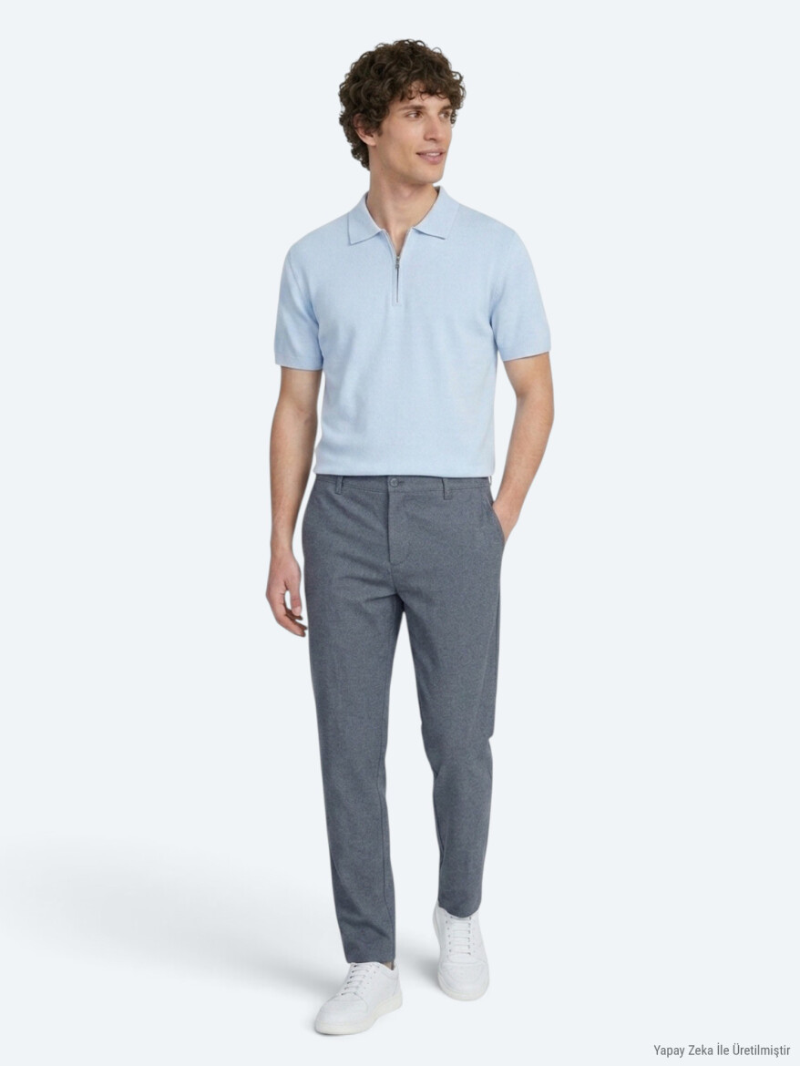 Navy Blue Weaving Regular Fit Casual Cotton Blended Trousers - 3