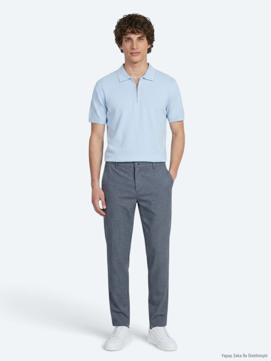 Navy Blue Weaving Regular Fit Casual Cotton Blended Trousers - 4