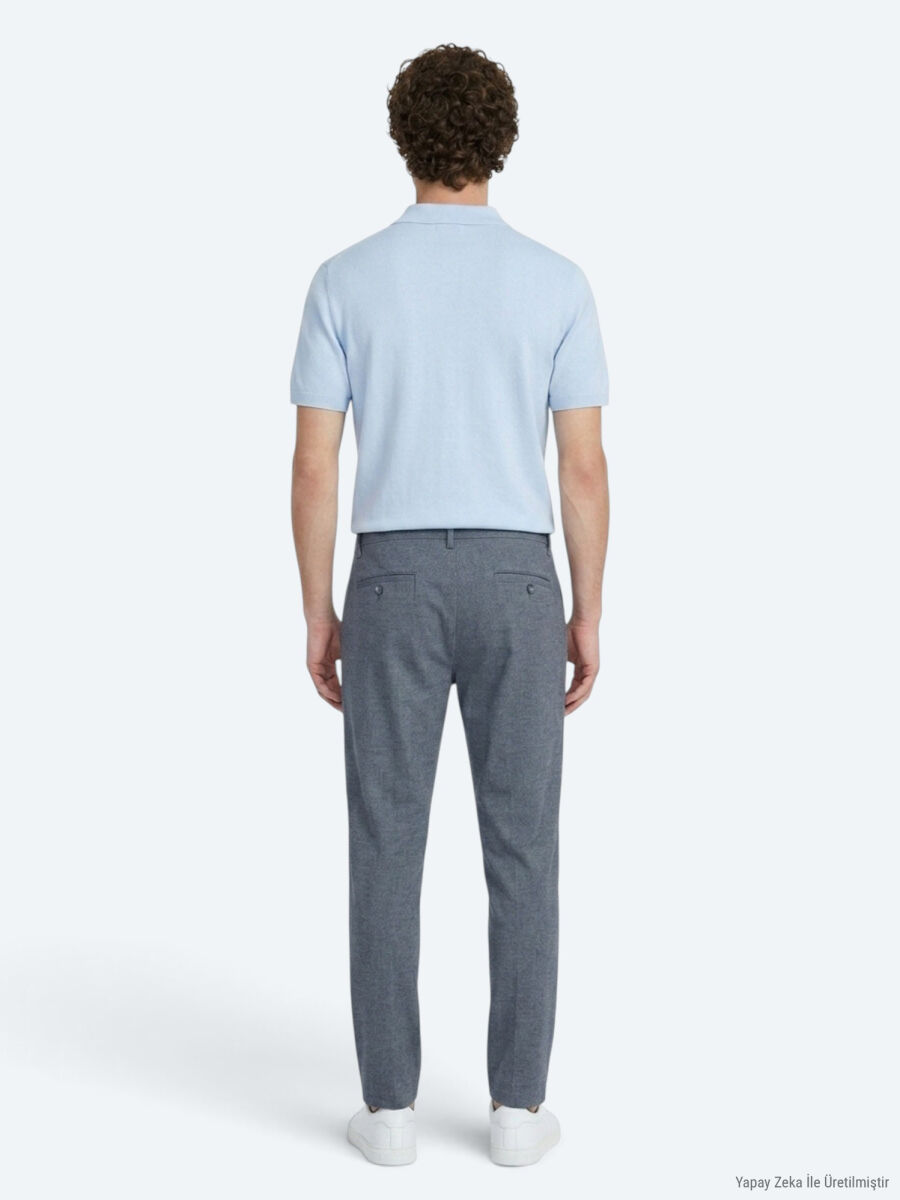 Navy Blue Weaving Regular Fit Casual Cotton Blended Trousers - 5
