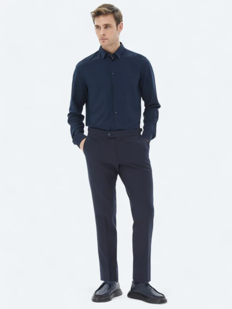 Navy Blue Weaving Regular Fit Casual Trousers - 1