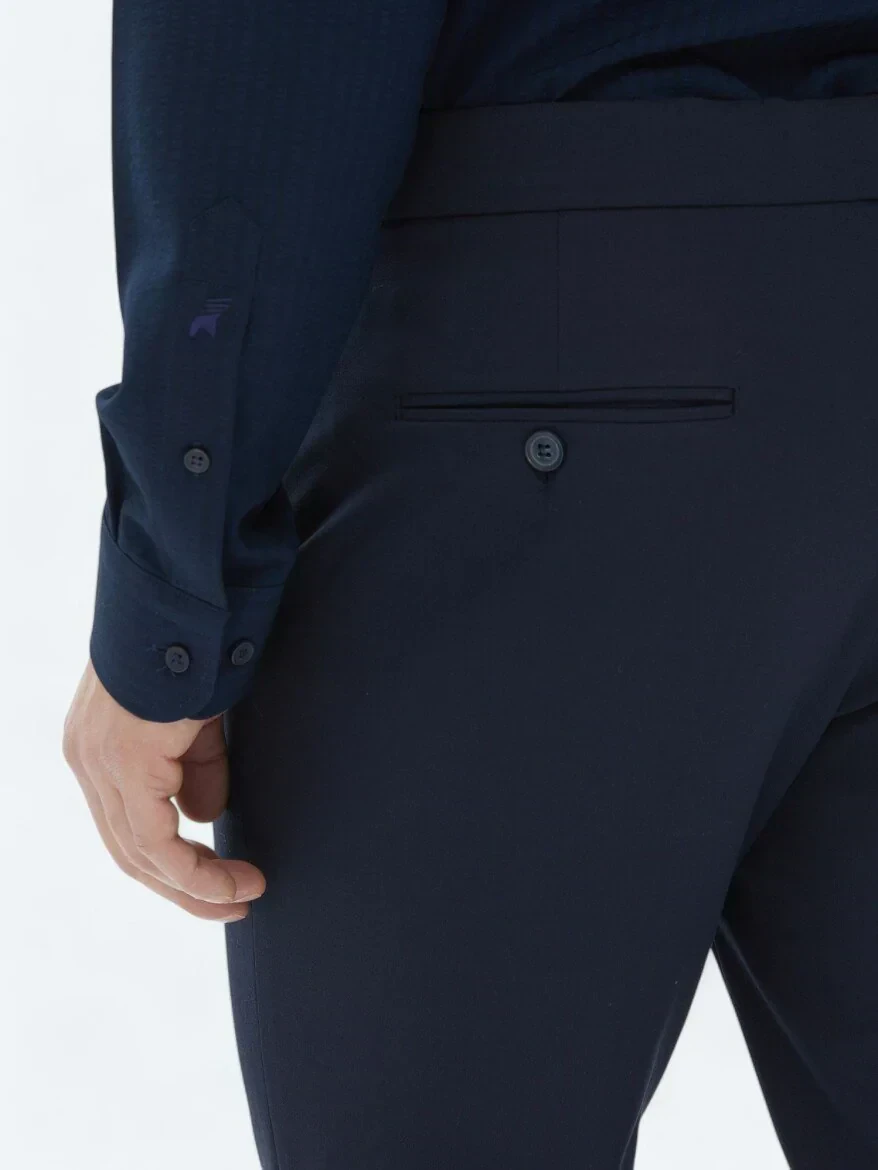 Navy Blue Weaving Regular Fit Casual Trousers - 4