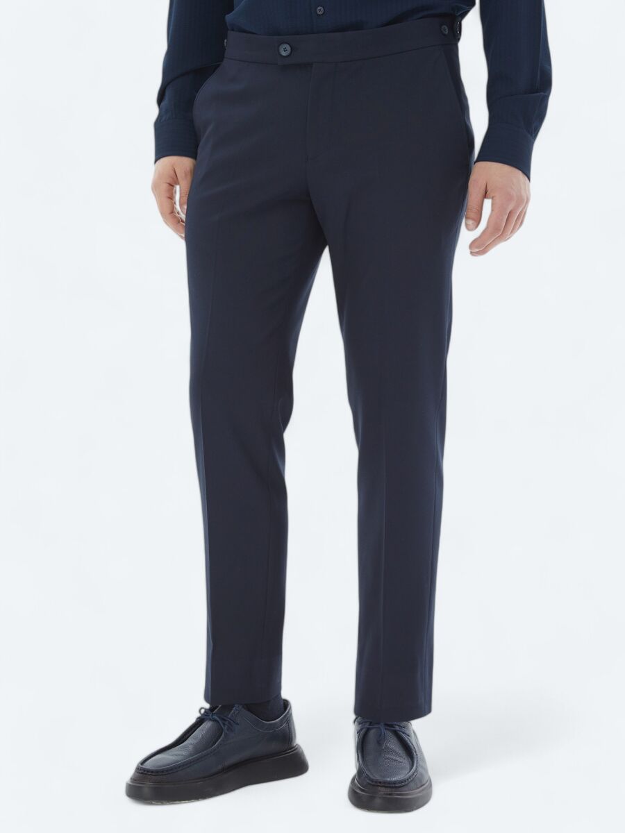 Navy Blue Weaving Regular Fit Casual Trousers - 2