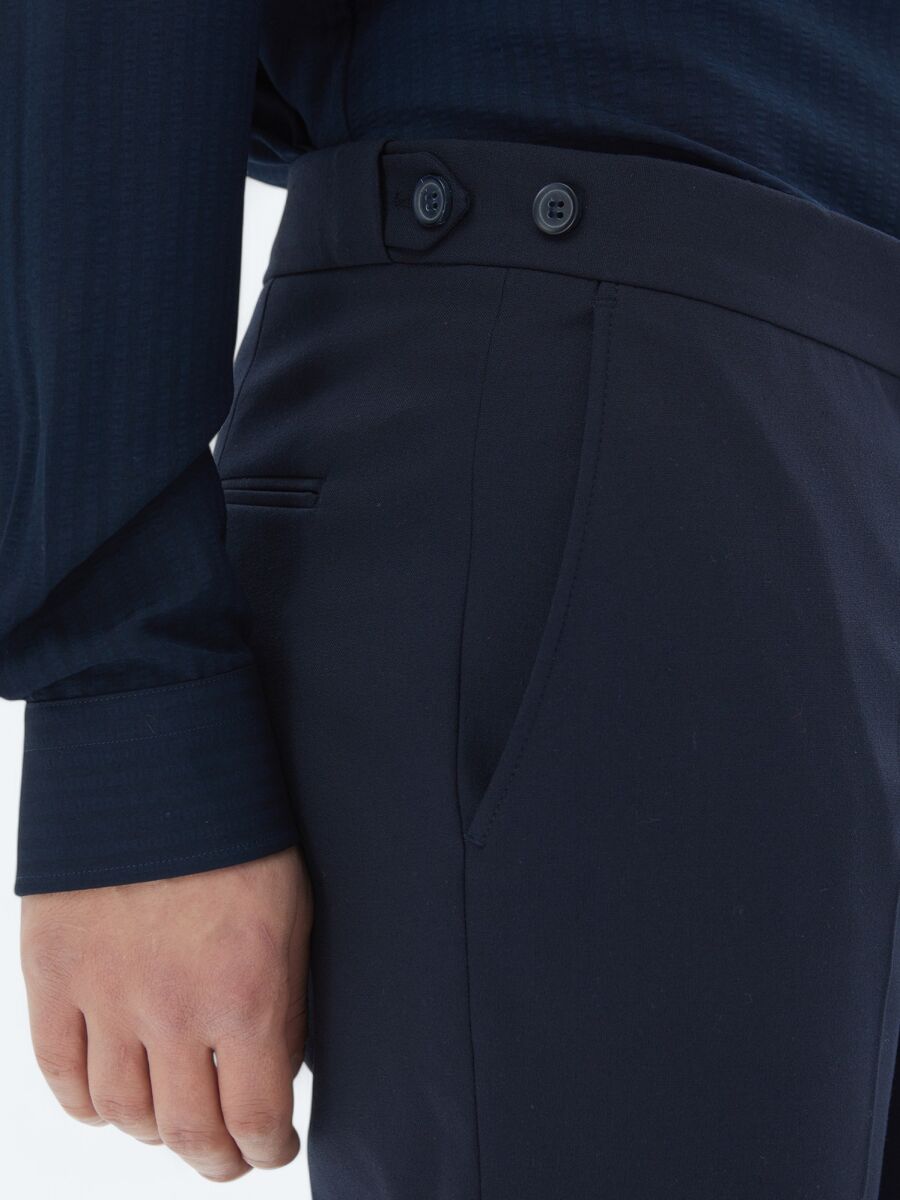 Navy Blue Weaving Regular Fit Casual Trousers - 3