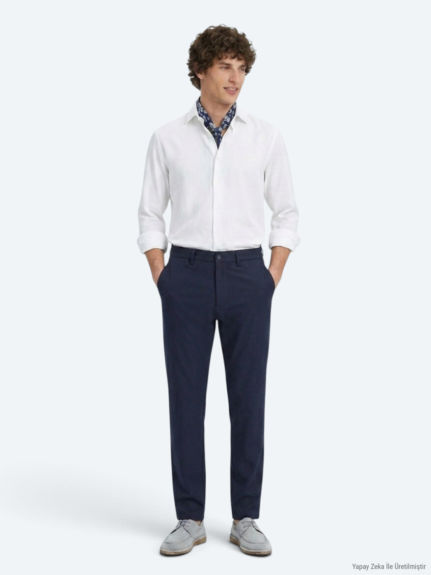 Navy Blue Weaving Regular Fit Casual Trousers 