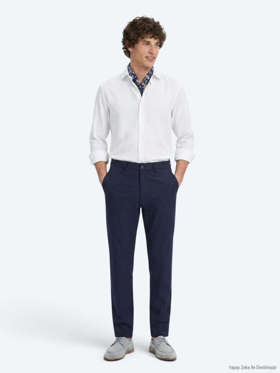 Navy Blue Weaving Regular Fit Casual Trousers - 1