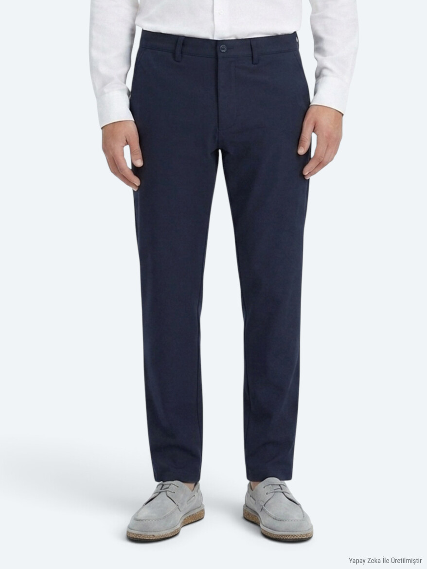 Navy Blue Weaving Regular Fit Casual Trousers - 2