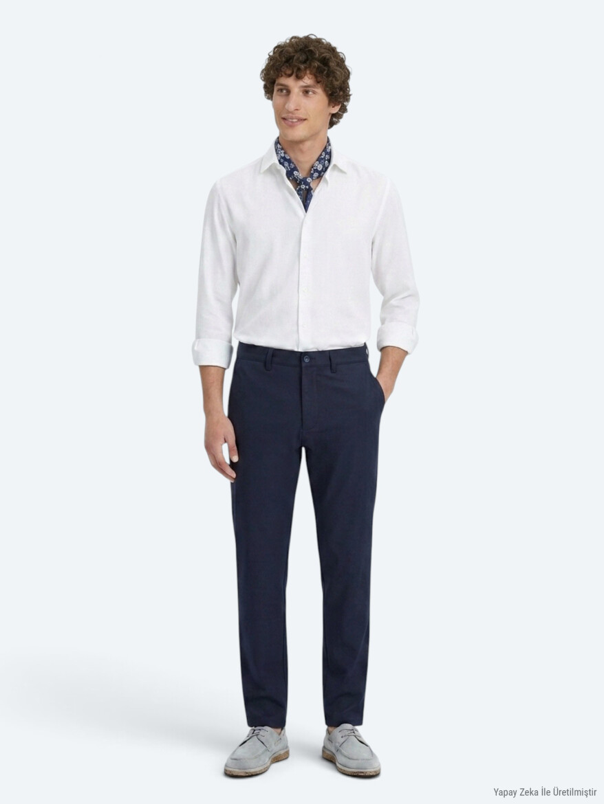 Navy Blue Weaving Regular Fit Casual Trousers - 3