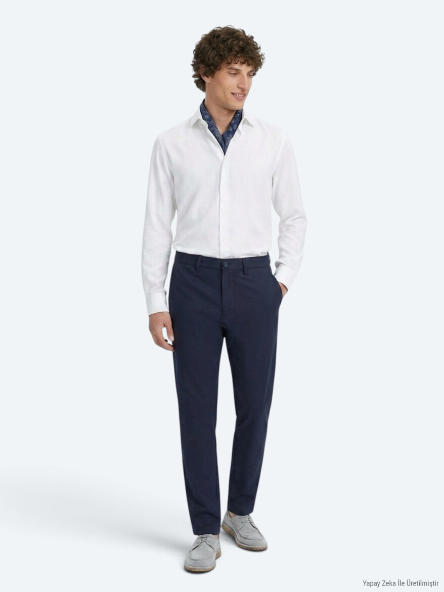 Navy Blue Weaving Regular Fit Casual Trousers - 4
