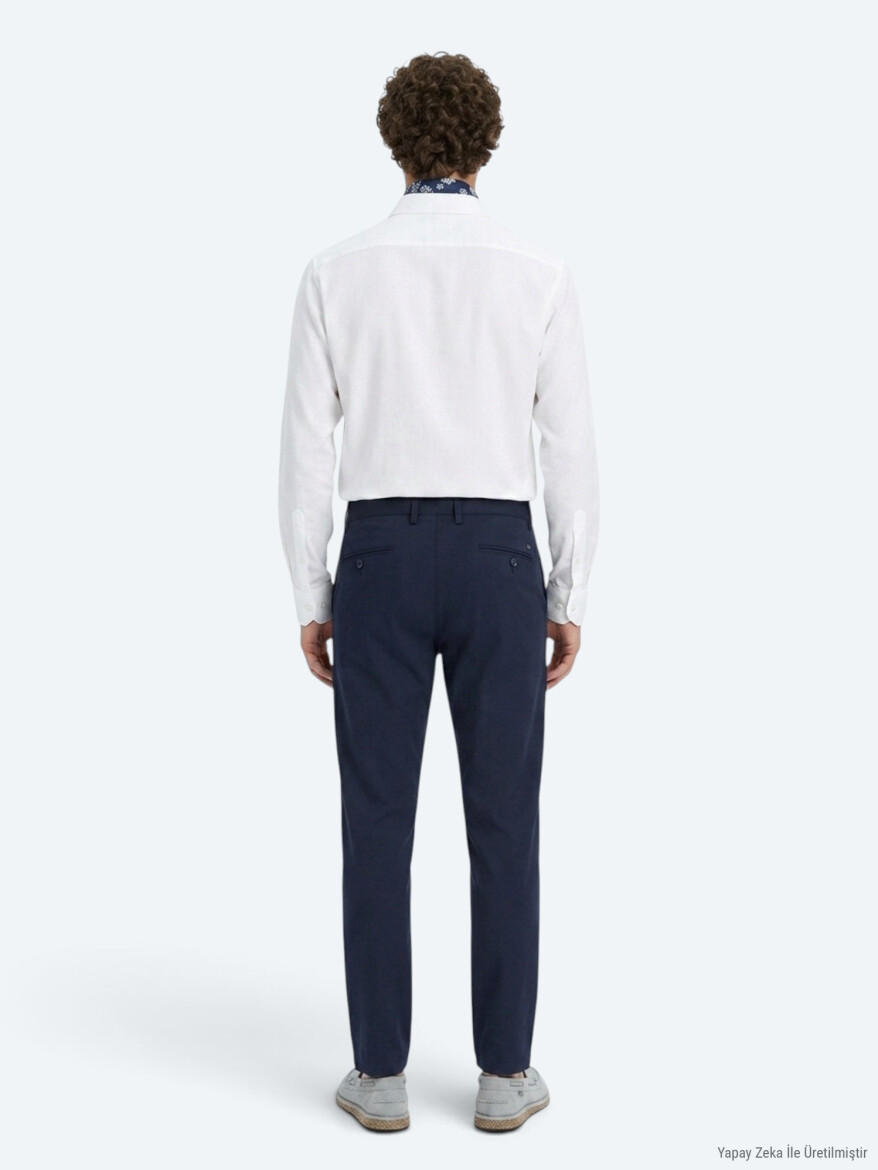 Navy Blue Weaving Regular Fit Casual Trousers - 5