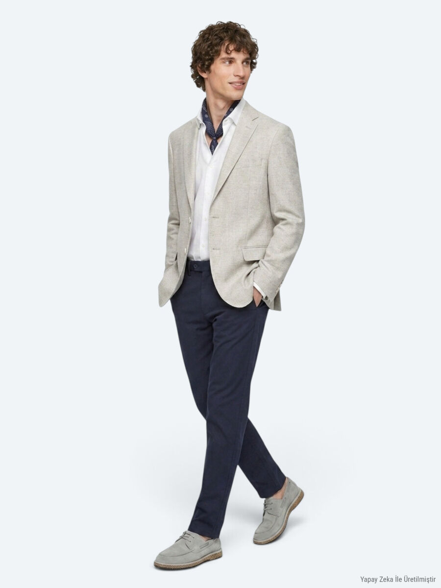 Navy Blue Weaving Regular Fit Casual Trousers - 6