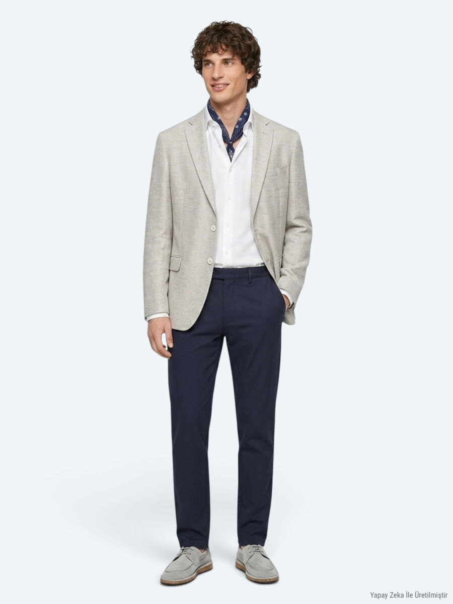 Navy Blue Weaving Regular Fit Casual Trousers - 7