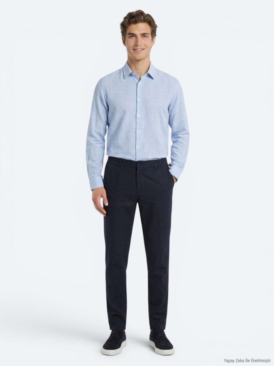 Navy Blue Weaving Relaxed Fit Casual Cotton Blended Trousers - 1