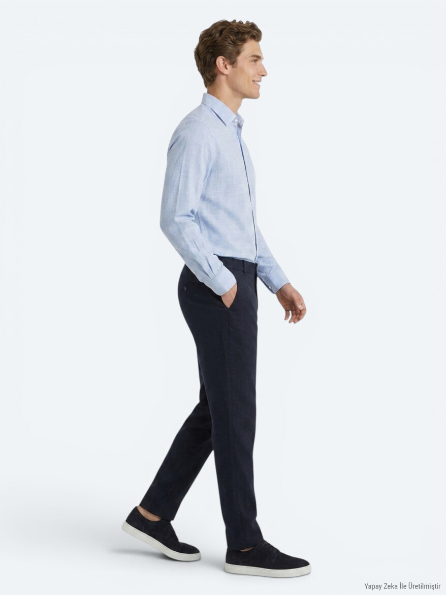 Navy Blue Weaving Relaxed Fit Casual Cotton Blended Trousers - 3