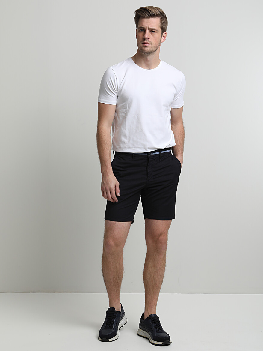 Navy Blue Weaving Slim Fit Casual Cotton Blended Bermuda - 1