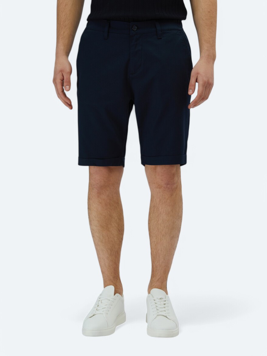 Navy Blue Weaving Slim Fit Casual Cotton Blended Bermuda - KİP
