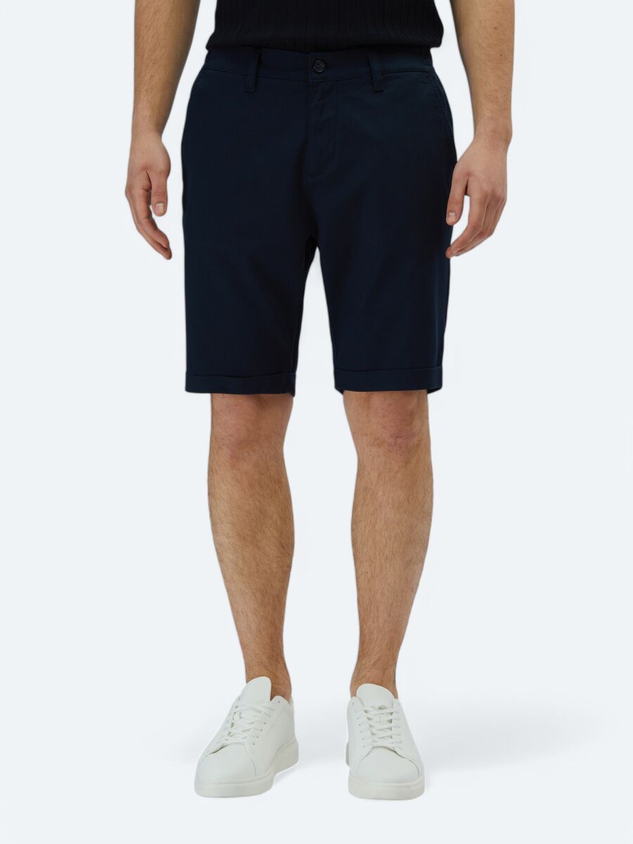 Navy Blue Weaving Slim Fit Casual Cotton Blended Bermuda - 2