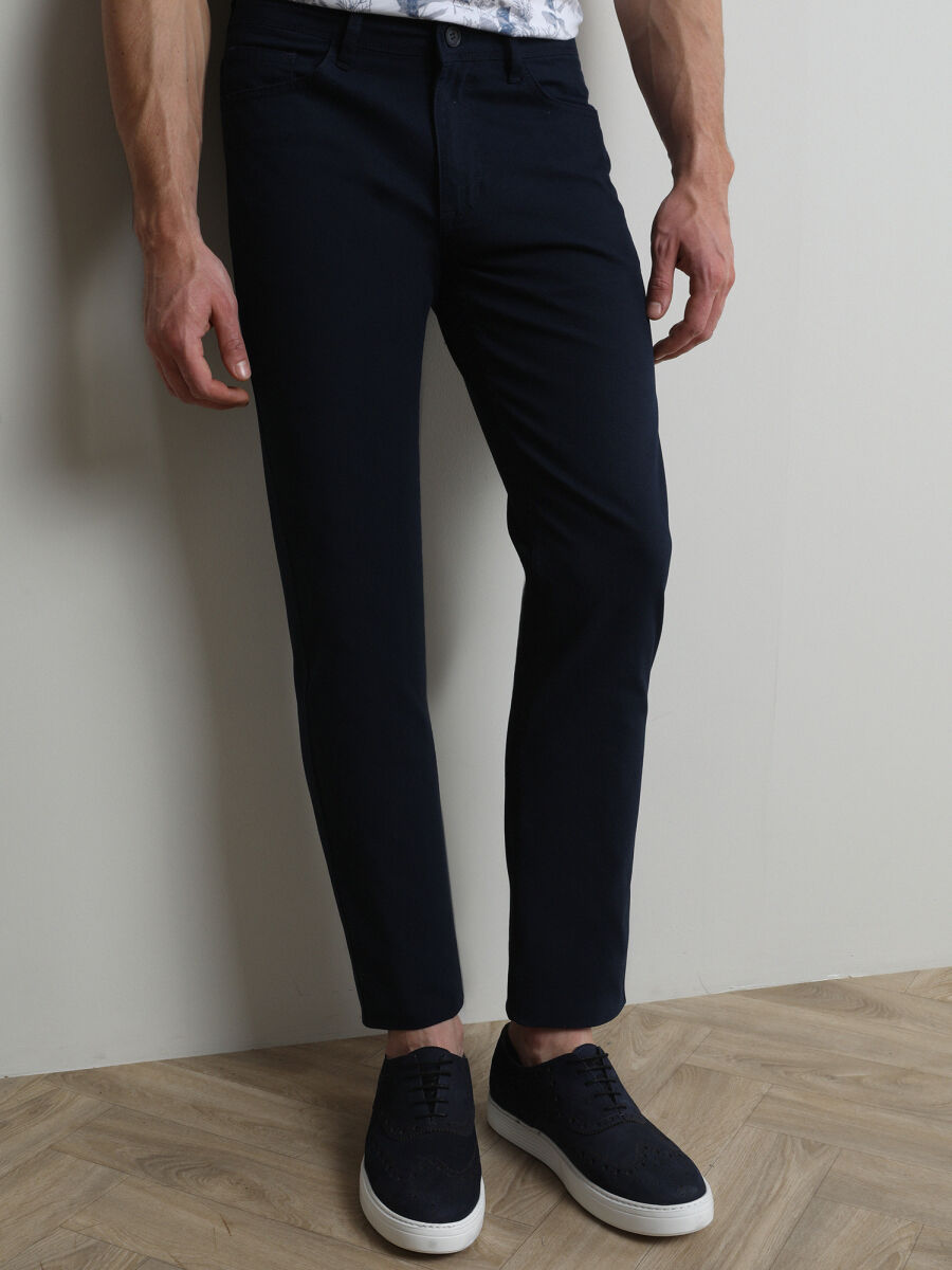 Navy Blue Weaving Slim Fit Casual Cotton Blended Trousers - 1