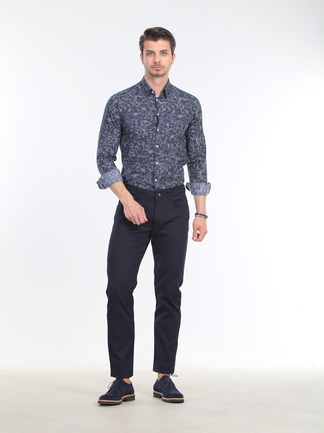 Navy Blue Weaving Slim Fit Casual Cotton Blended Trousers - 1