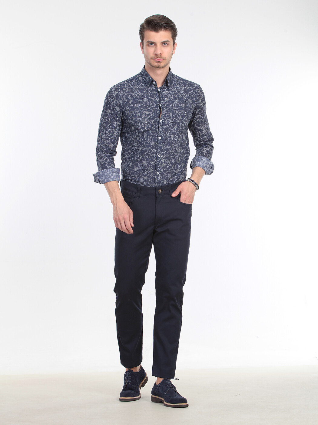 Navy Blue Weaving Slim Fit Casual Cotton Blended Trousers - 3