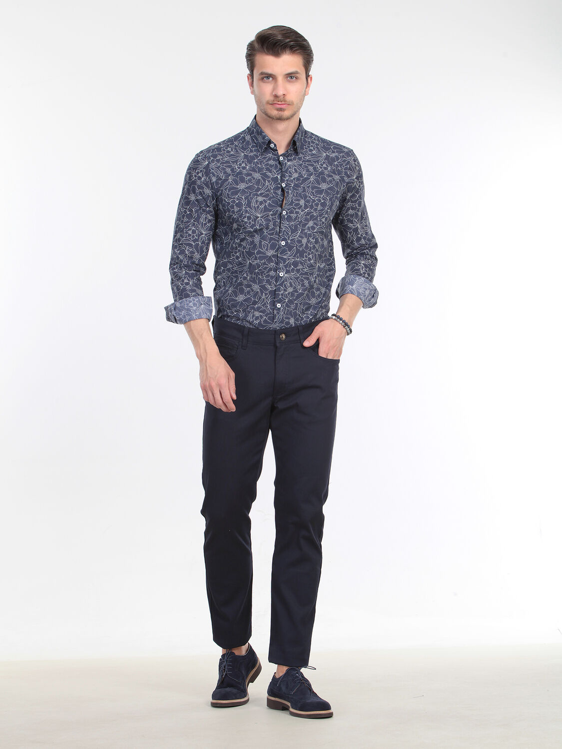 Navy Blue Weaving Slim Fit Casual Cotton Blended Trousers - 3