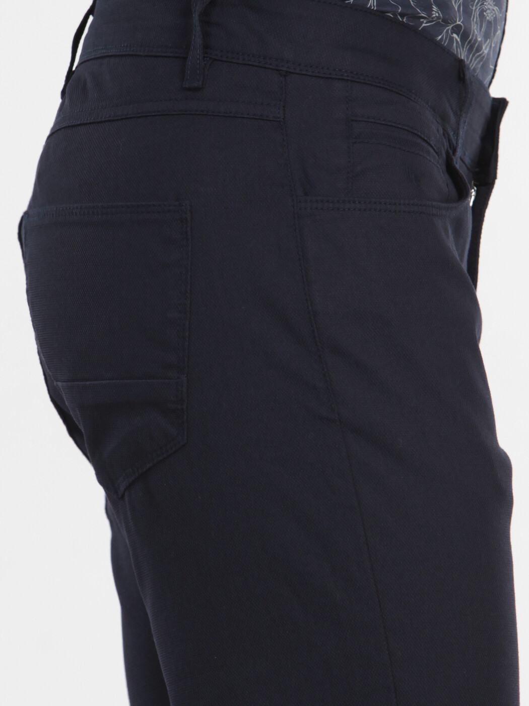 Navy Blue Weaving Slim Fit Casual Cotton Blended Trousers - 4