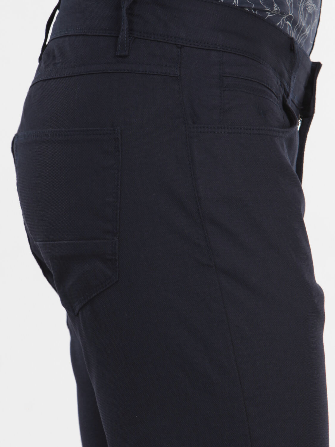 Navy Blue Weaving Slim Fit Casual Cotton Blended Trousers - 4