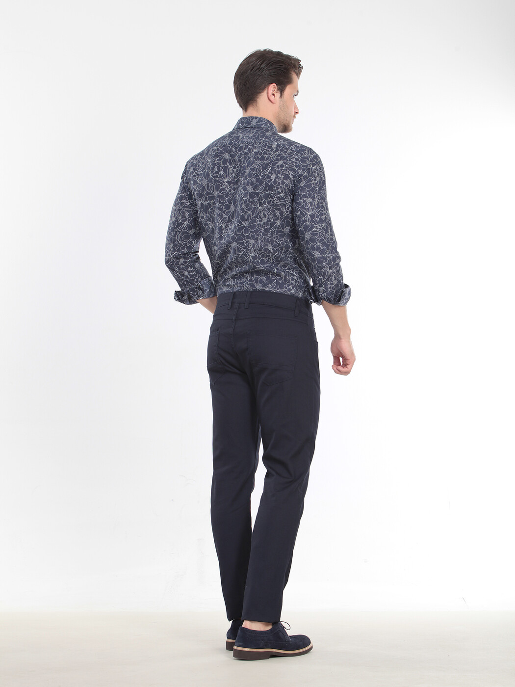 Navy Blue Weaving Slim Fit Casual Cotton Blended Trousers - 5