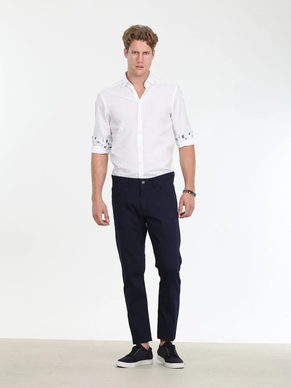 Navy Blue Weaving Slim Fit Casual Cotton Blended Trousers - 1