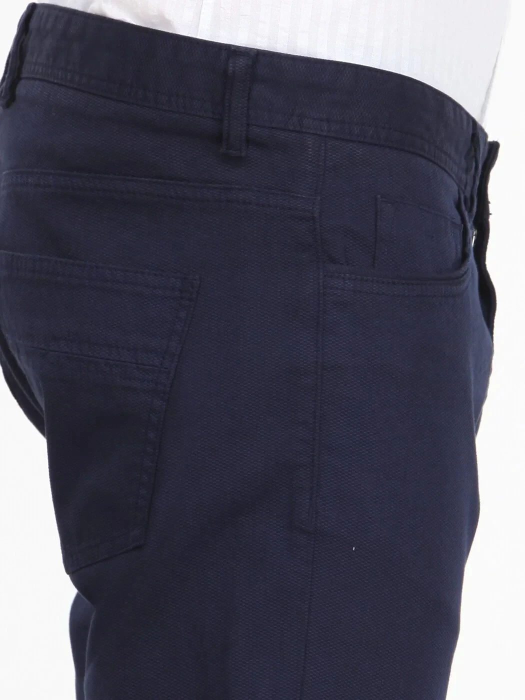 Navy Blue Weaving Slim Fit Casual Cotton Blended Trousers - 3