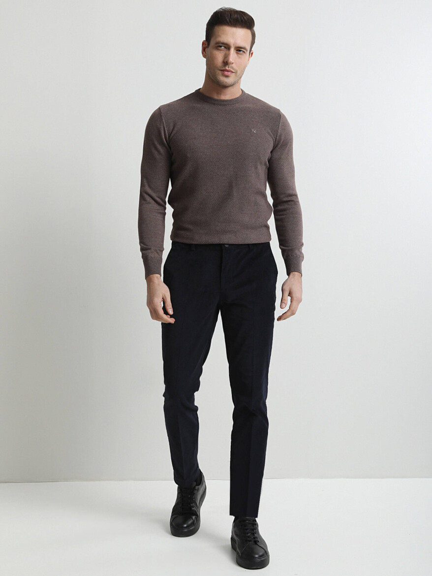 Navy Blue Weaving Slim Fit Casual Cotton Blended Trousers - 2