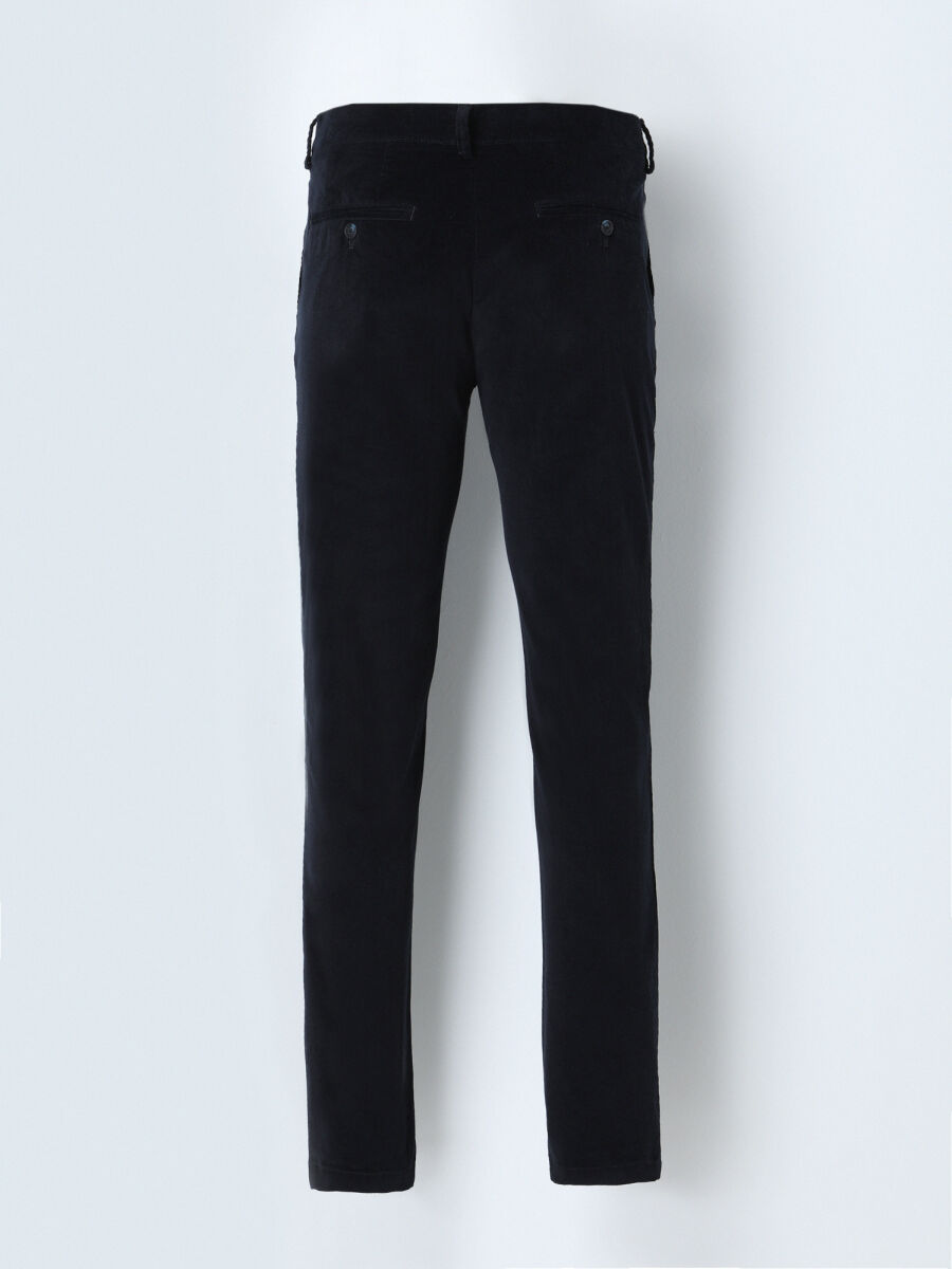 Navy Blue Weaving Slim Fit Casual Cotton Blended Trousers - 3