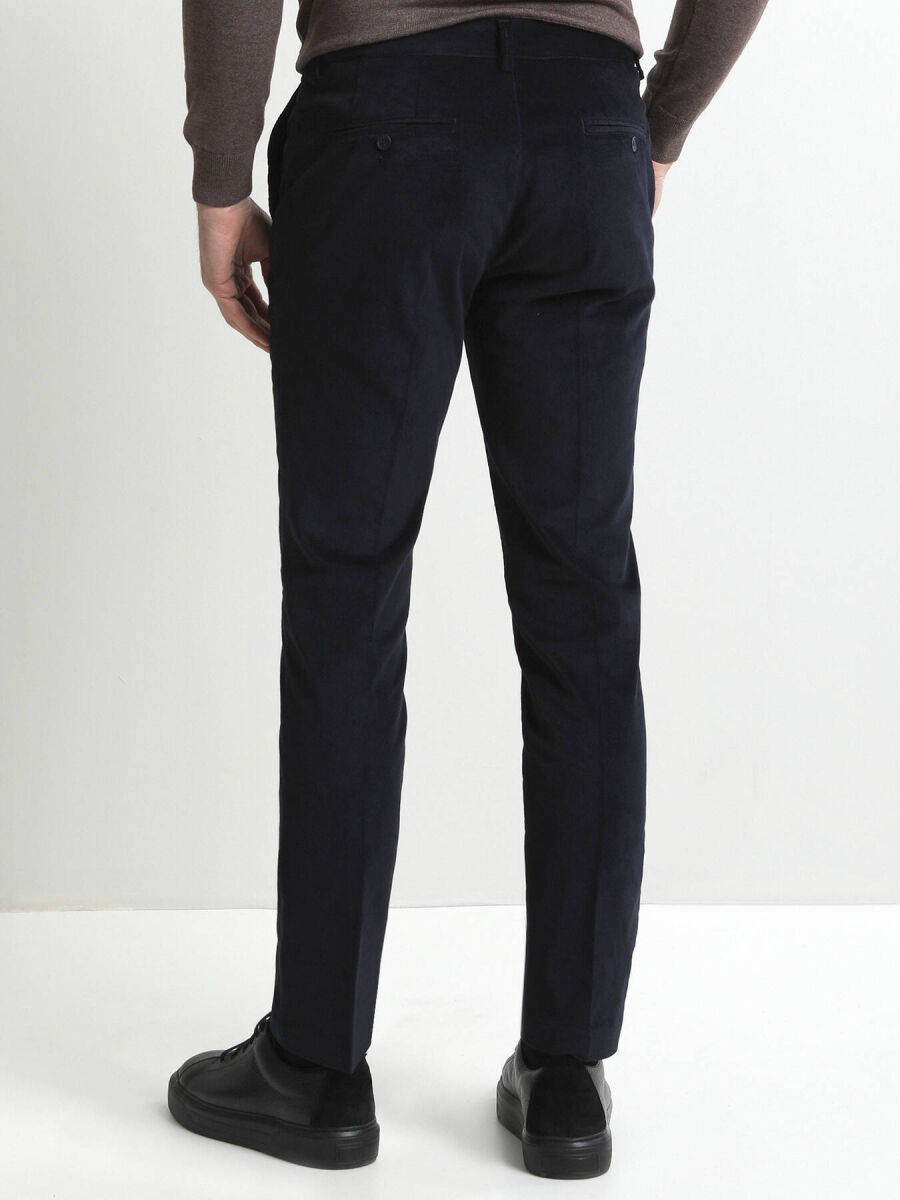 Navy Blue Weaving Slim Fit Casual Cotton Blended Trousers - 4