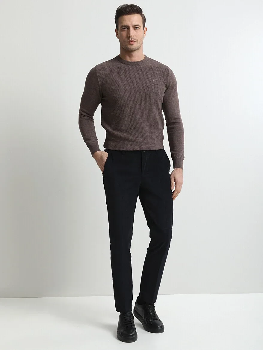 Navy Blue Weaving Slim Fit Casual Cotton Blended Trousers - 2