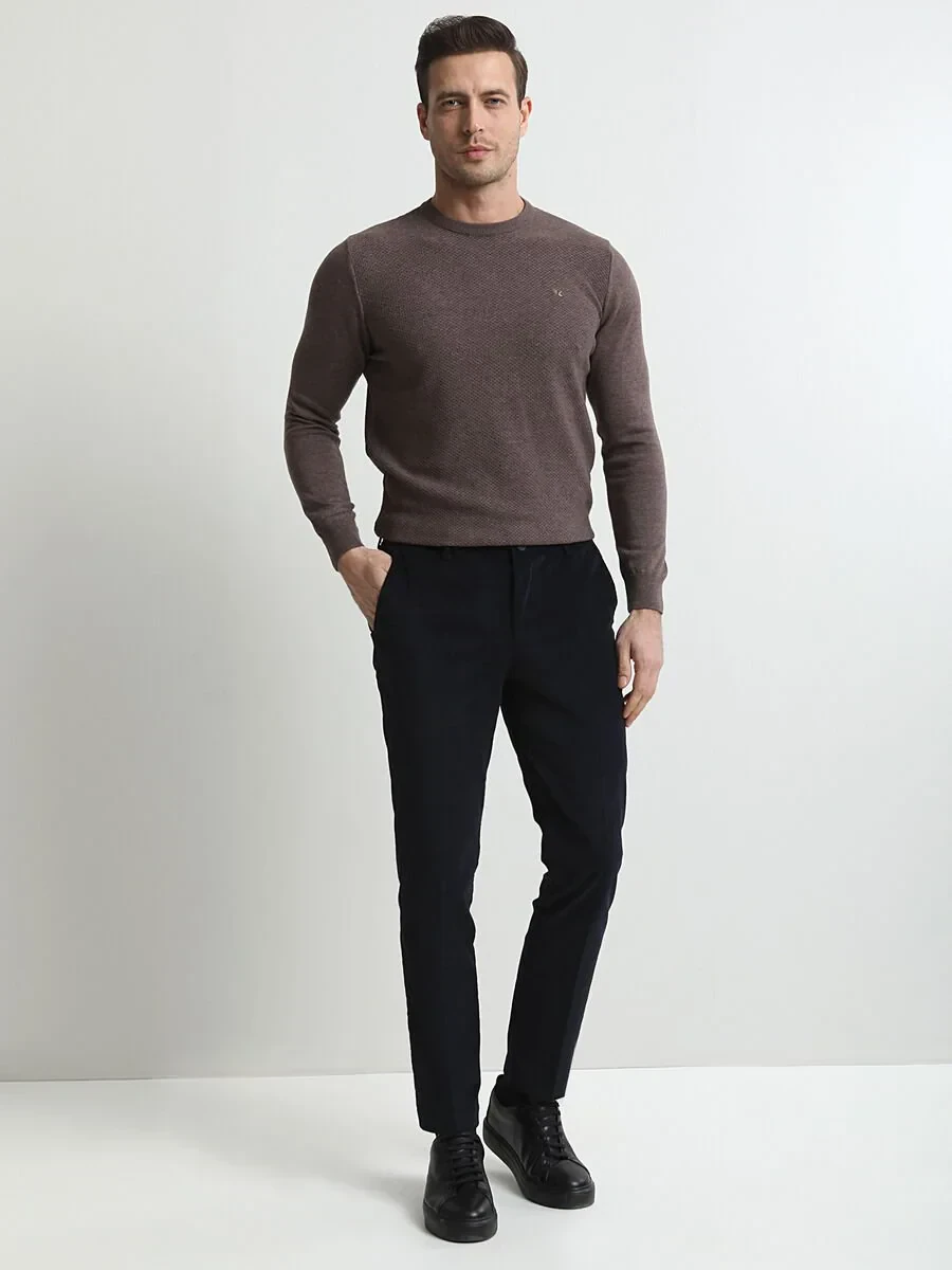 Navy Blue Weaving Slim Fit Casual Cotton Blended Trousers - 2