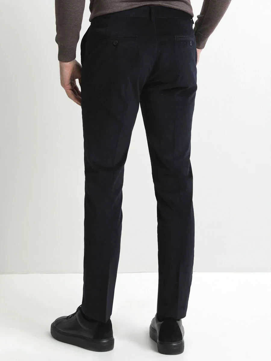Navy Blue Weaving Slim Fit Casual Cotton Blended Trousers - 4