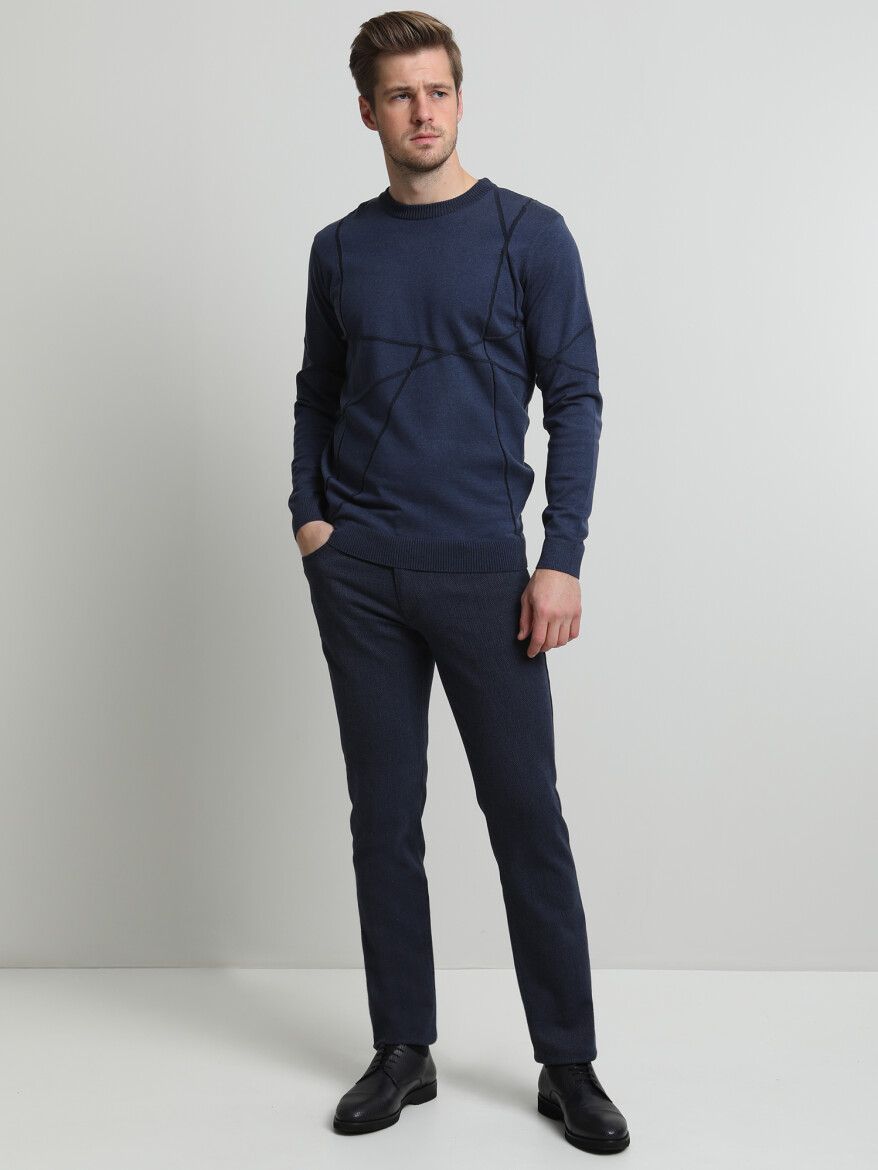Navy Blue Weaving Slim Fit Casual Cotton Blended Trousers - 1