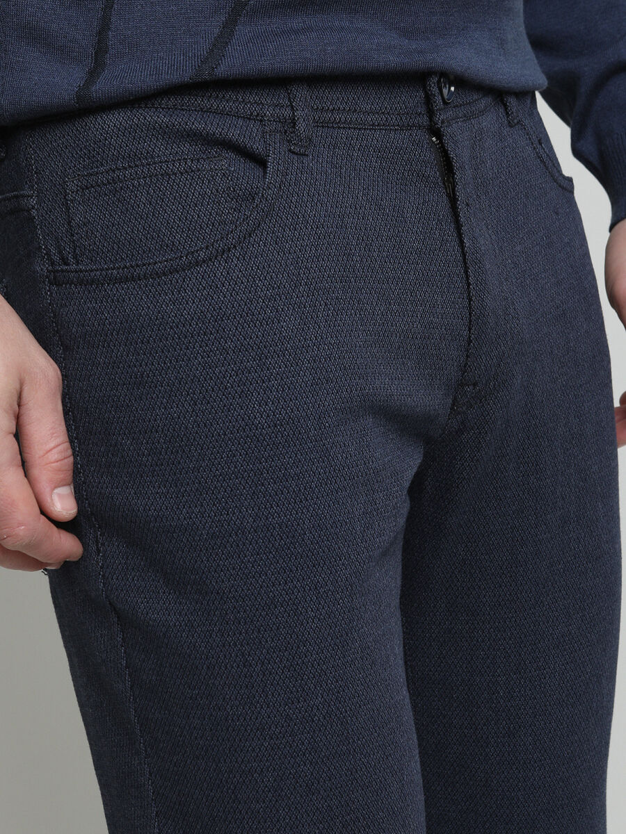 Navy Blue Weaving Slim Fit Casual Cotton Blended Trousers - 2