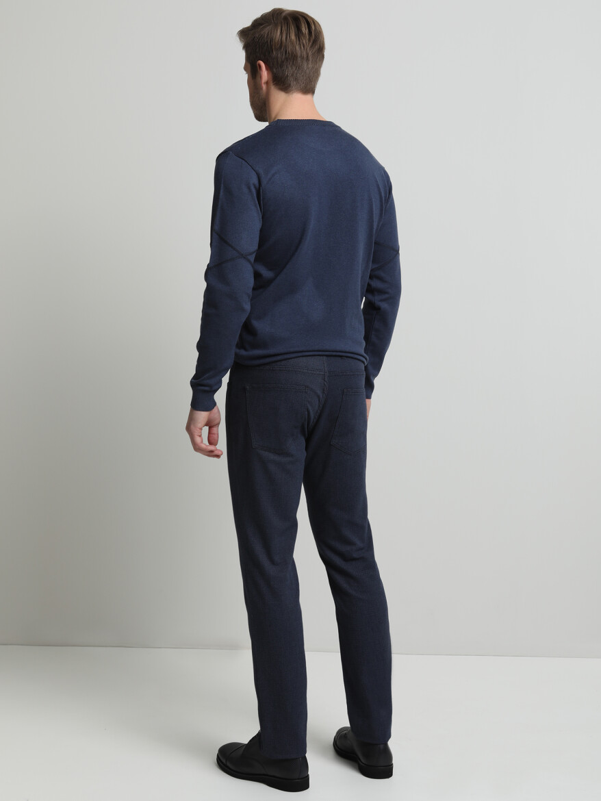 Navy Blue Weaving Slim Fit Casual Cotton Blended Trousers - 3