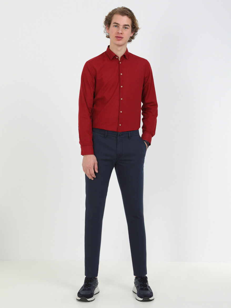 Navy Blue Weaving Slim Fit Casual Cotton Blended Trousers - 1