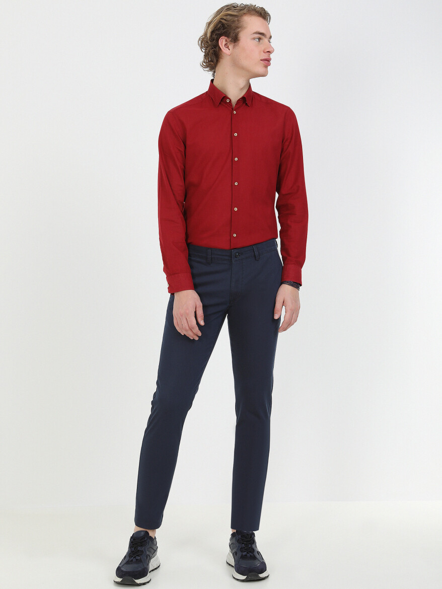 Navy Blue Weaving Slim Fit Casual Cotton Blended Trousers - 4