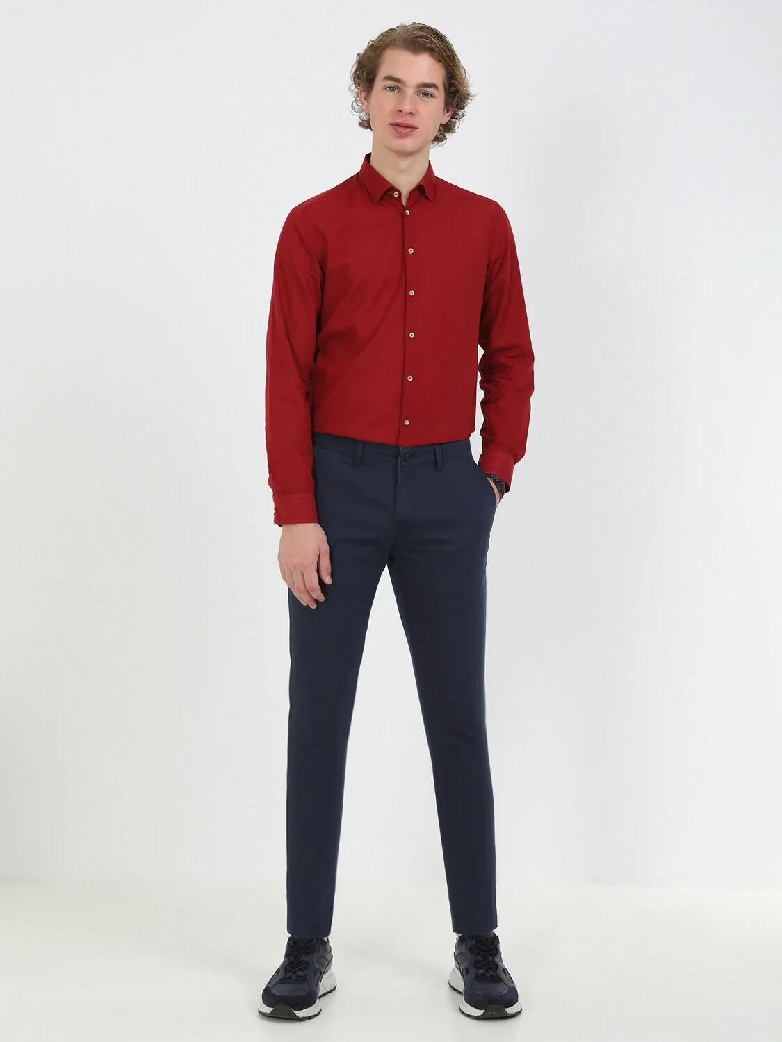 Navy Blue Weaving Slim Fit Casual Cotton Blended Trousers - 1