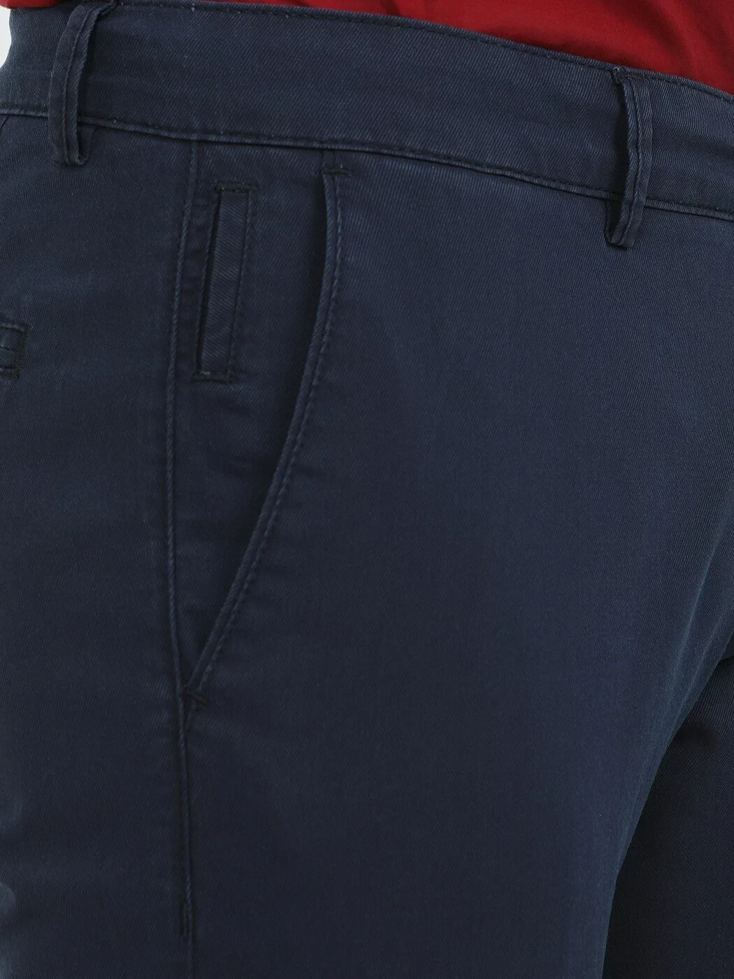 Navy Blue Weaving Slim Fit Casual Cotton Blended Trousers - 3