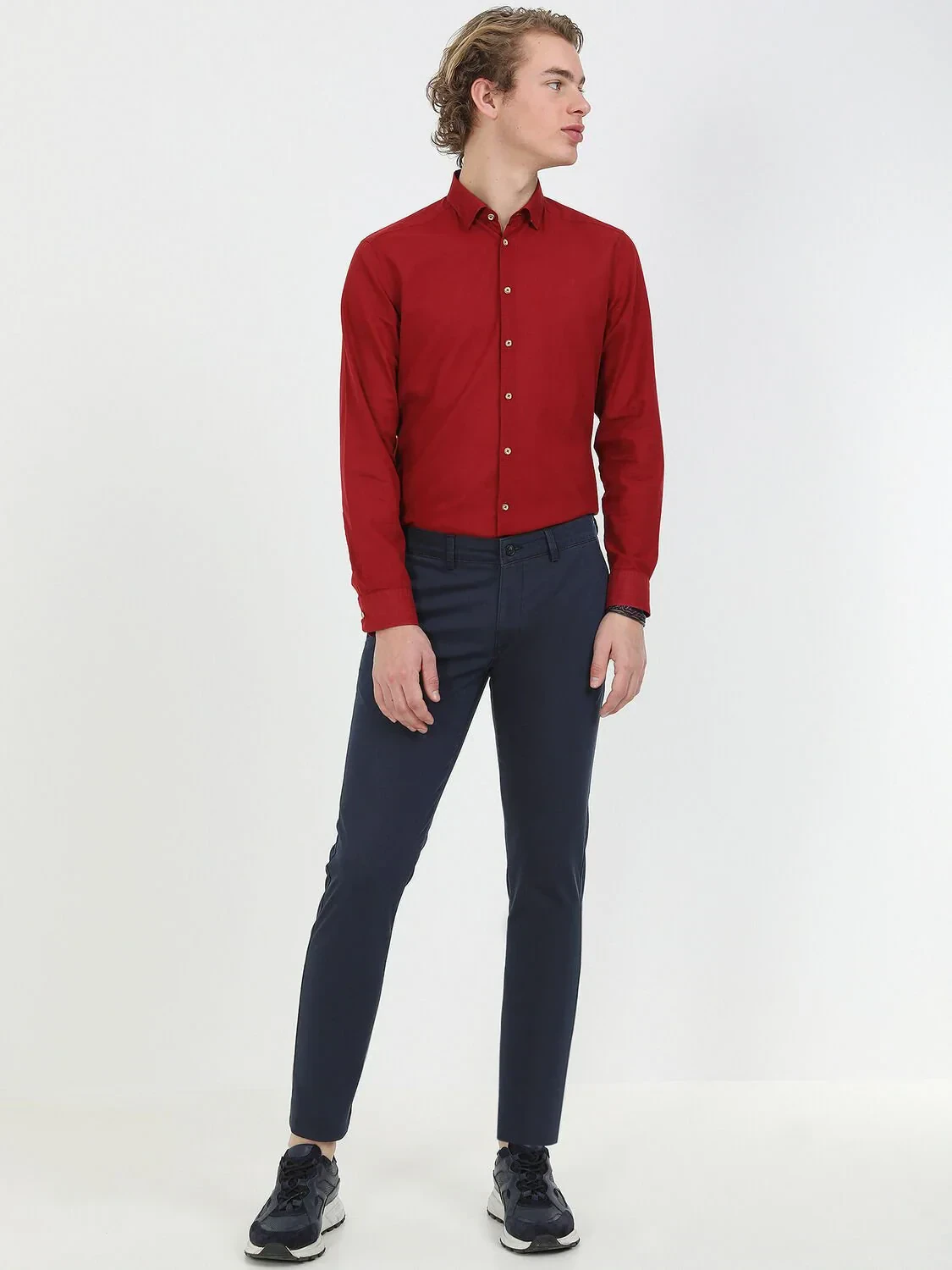 Navy Blue Weaving Slim Fit Casual Cotton Blended Trousers - 4