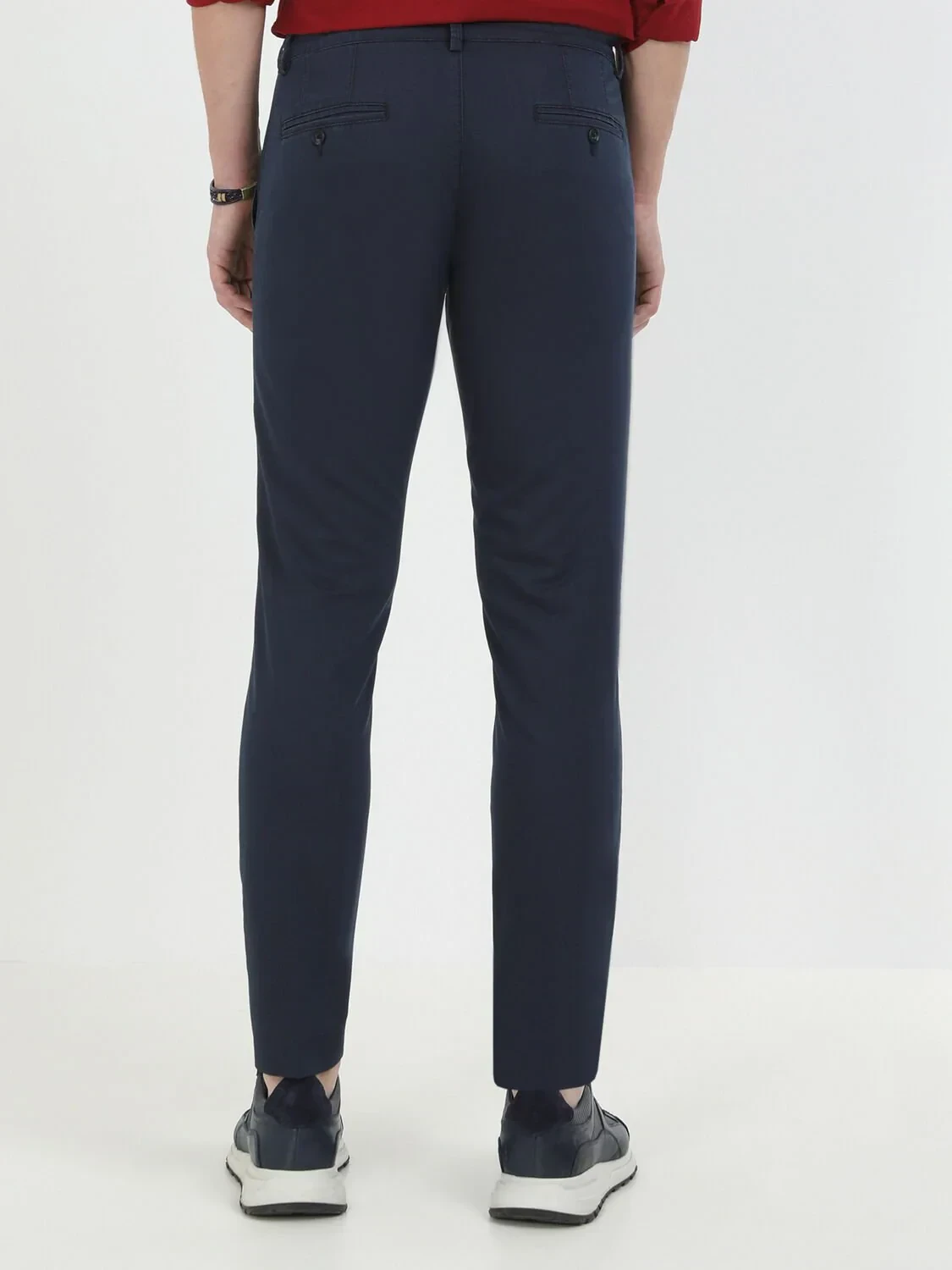 Navy Blue Weaving Slim Fit Casual Cotton Blended Trousers - 5